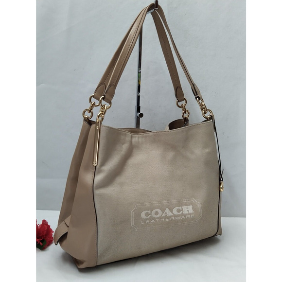 Coach Dalton Bag 31 Taupe Canvas Leather 3 Compartments Shoulder Bag - Picture 4 of 16